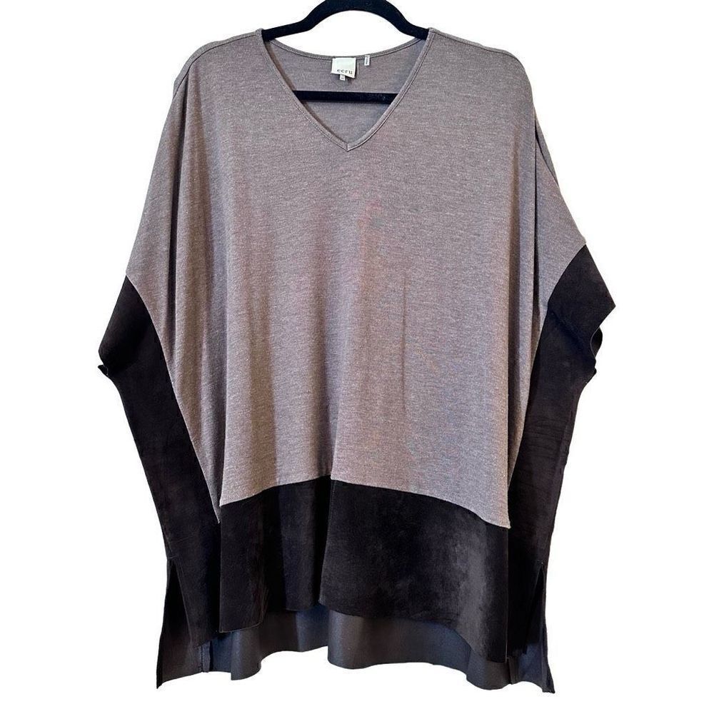 Ecru Knitted Colorblock Genuine Suede Trim V Neck Poncho Sweater Brown Size XS